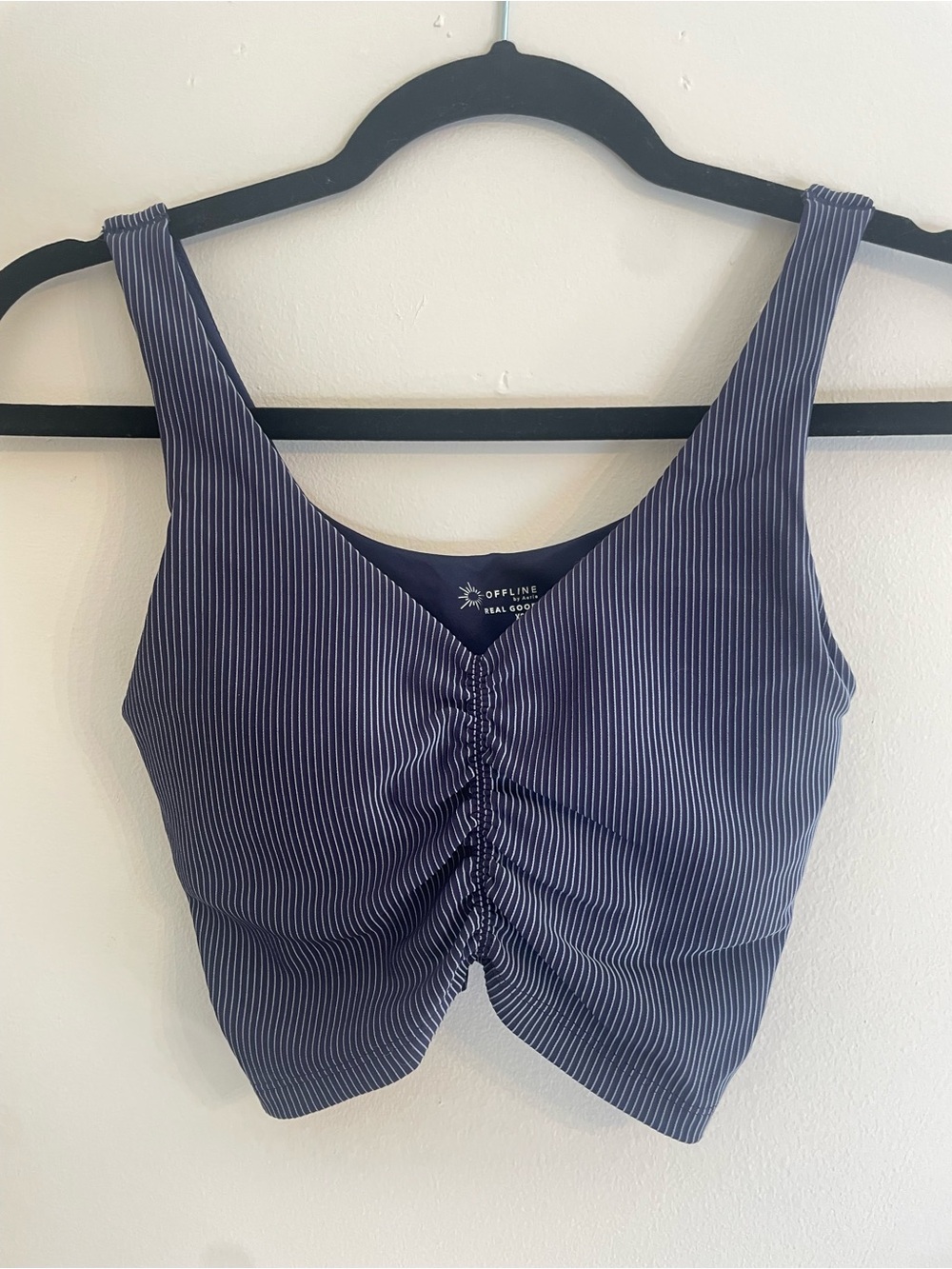 aerie Navy Pinstripe Ruched Crop sports bra